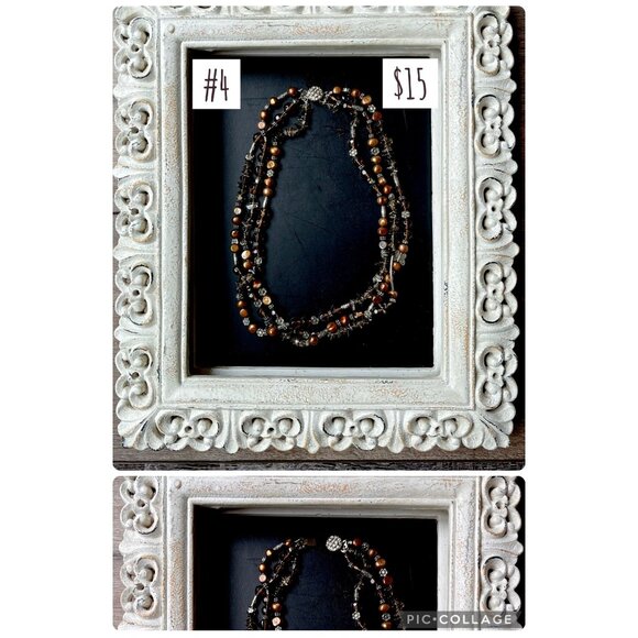 Vintage Multi-Strand Beaded Necklace With Mixed Brown & Silver Tones - Picture 1 of 1